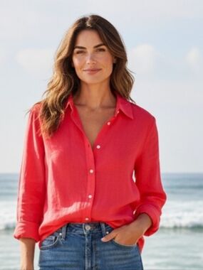 NWT Banana Republic Women's RT$90 Classic Red 100% European Linen Shirt